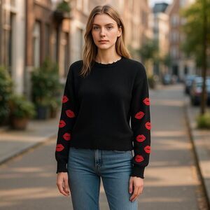 27 Miles Malibu Black 100% Cashmere Sweater Red Lips Distressed Hem Pullover S